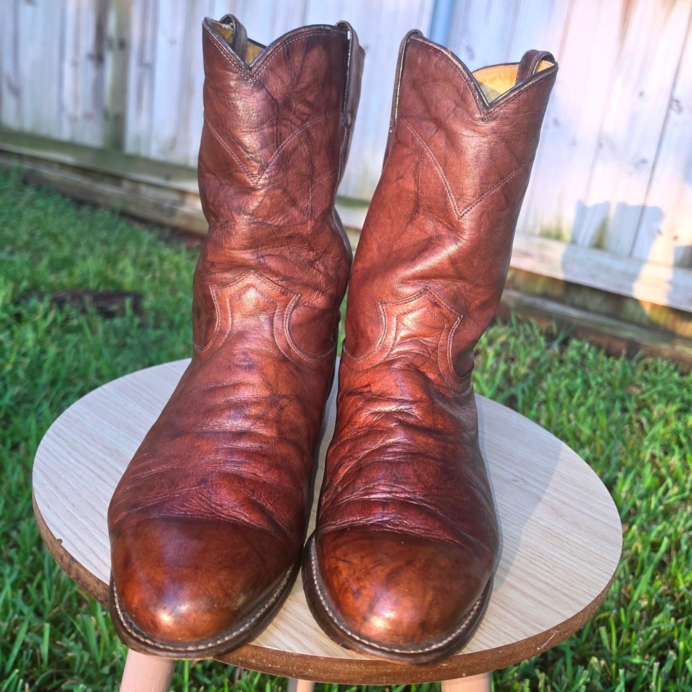 Justin Vintage Brown Leather Roper Boots Mens 11 EE Round Toe Made in Mexico